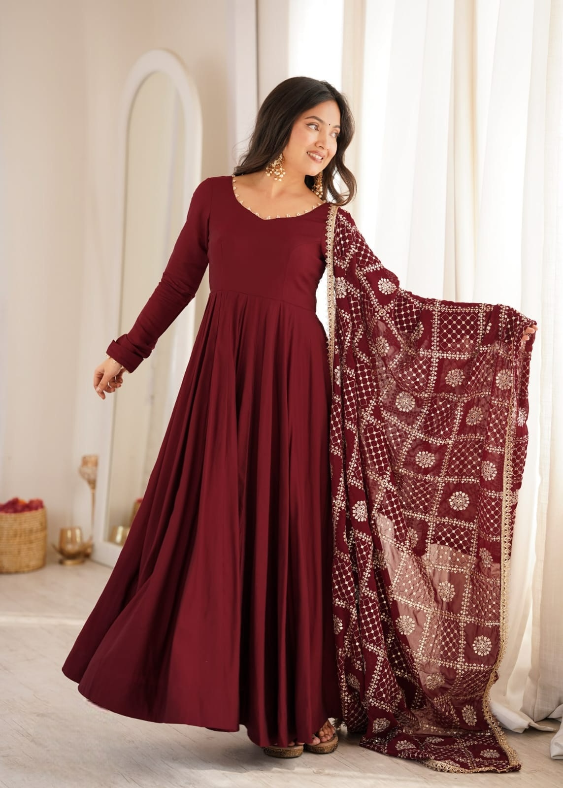 Maroon Chanderi Fabric Anarkali set